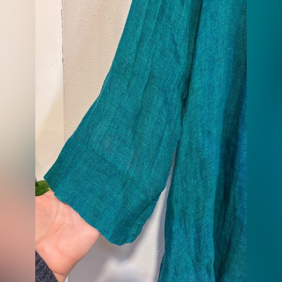 FLAX Linen Button Front Tunic Blouse Teal Green M Relaxed Fit - Picture 3 of 7